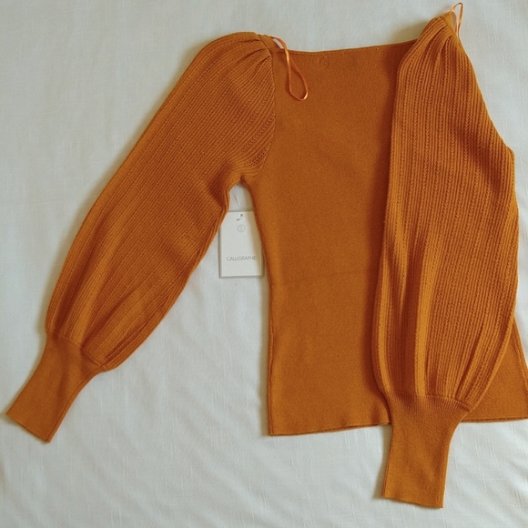 Mustard balloon sleeves knit pullover top wool blend sweetheart neck size small - Picture 7 of 11